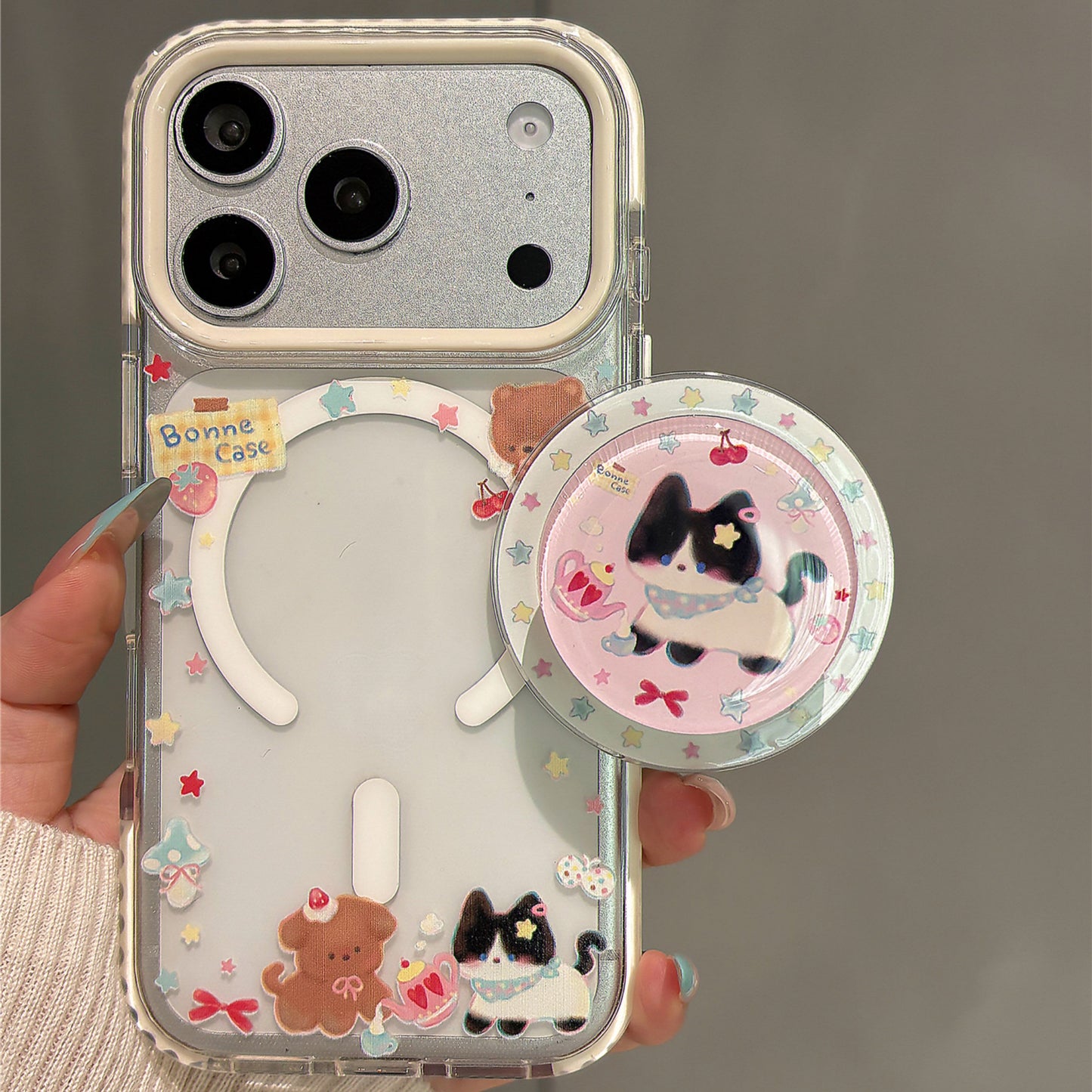 Cartoon Puppy and Kitty Magnetic Stand Acrylic Phone Case