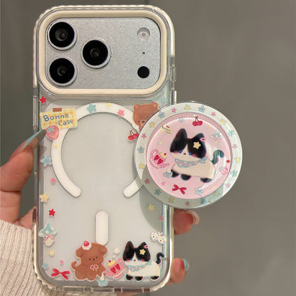 Cartoon Puppy and Kitty Magnetic Stand Acrylic Phone Case