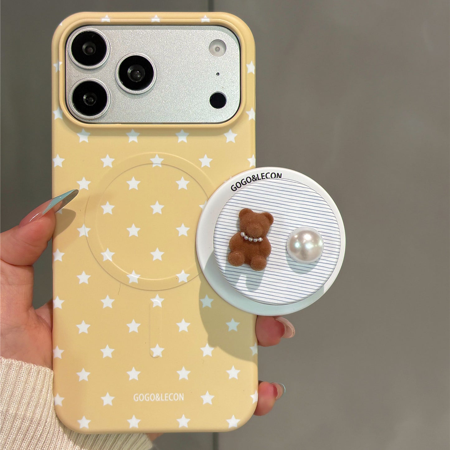 Custard Yellow Star Pearl Bear Magnetic Stand Acrylic Phone Case