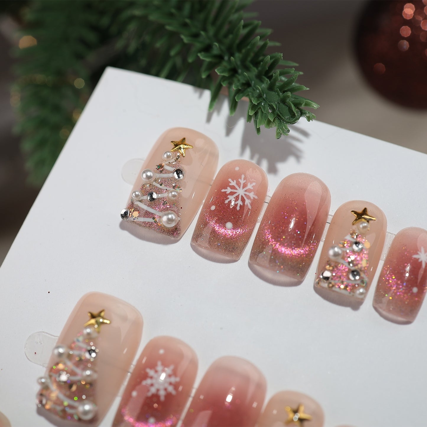 Pink Glided Gold Cat-eye Christmas Nail with Pearl - Medium Square