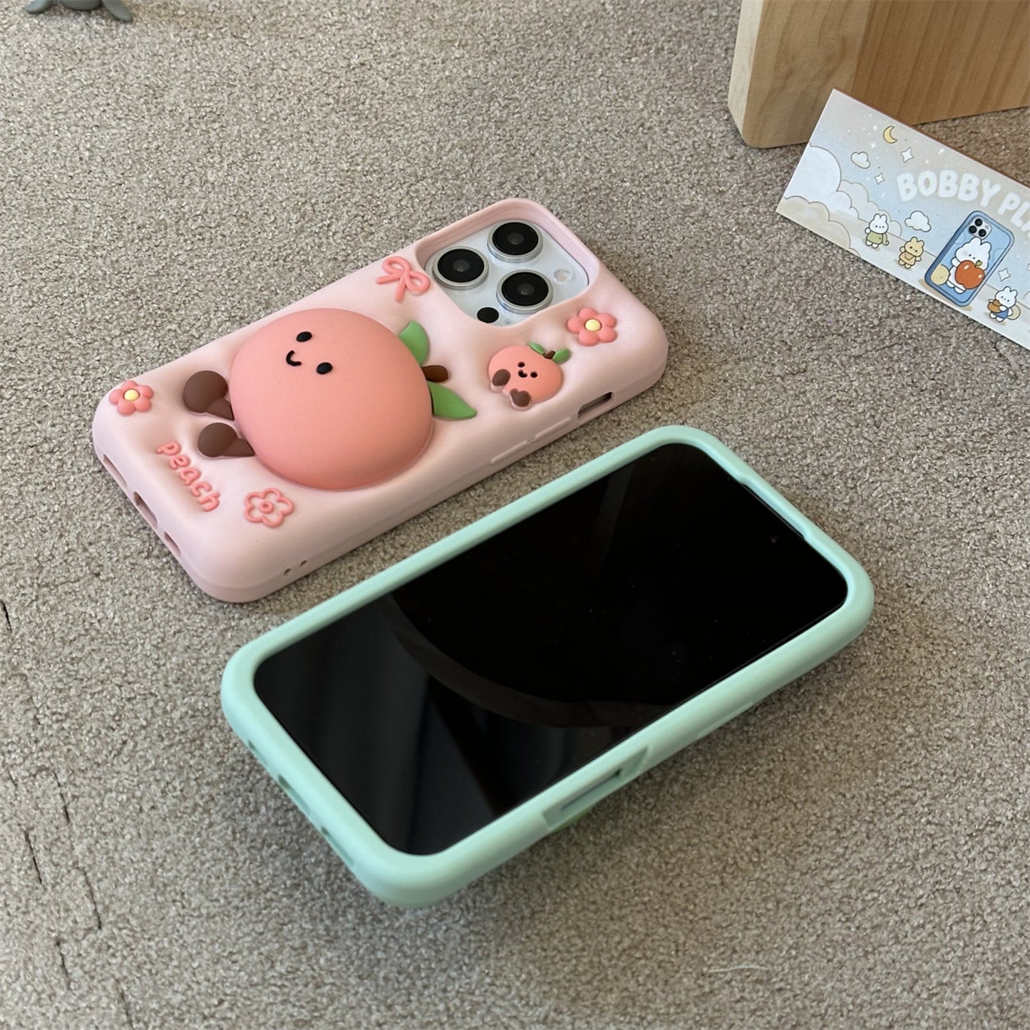 Green Apple Bear and Peach Silicone Phone Case