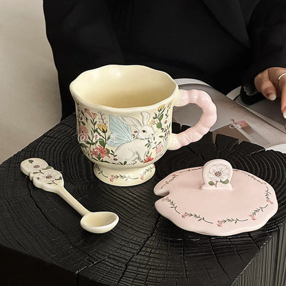 Rabbit Among Flowers Ceramic Mug with Lid and Spoon