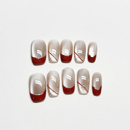 Red Vintage French Cat-eye Nail - Medium Square