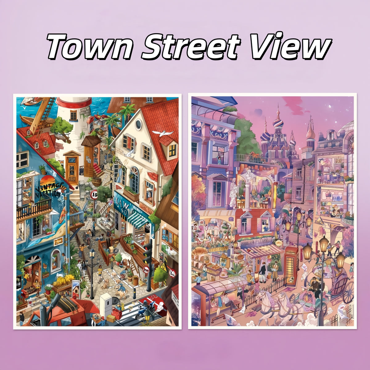 Town Street View 3D Sticker | 2 Cute Miniature Scenes