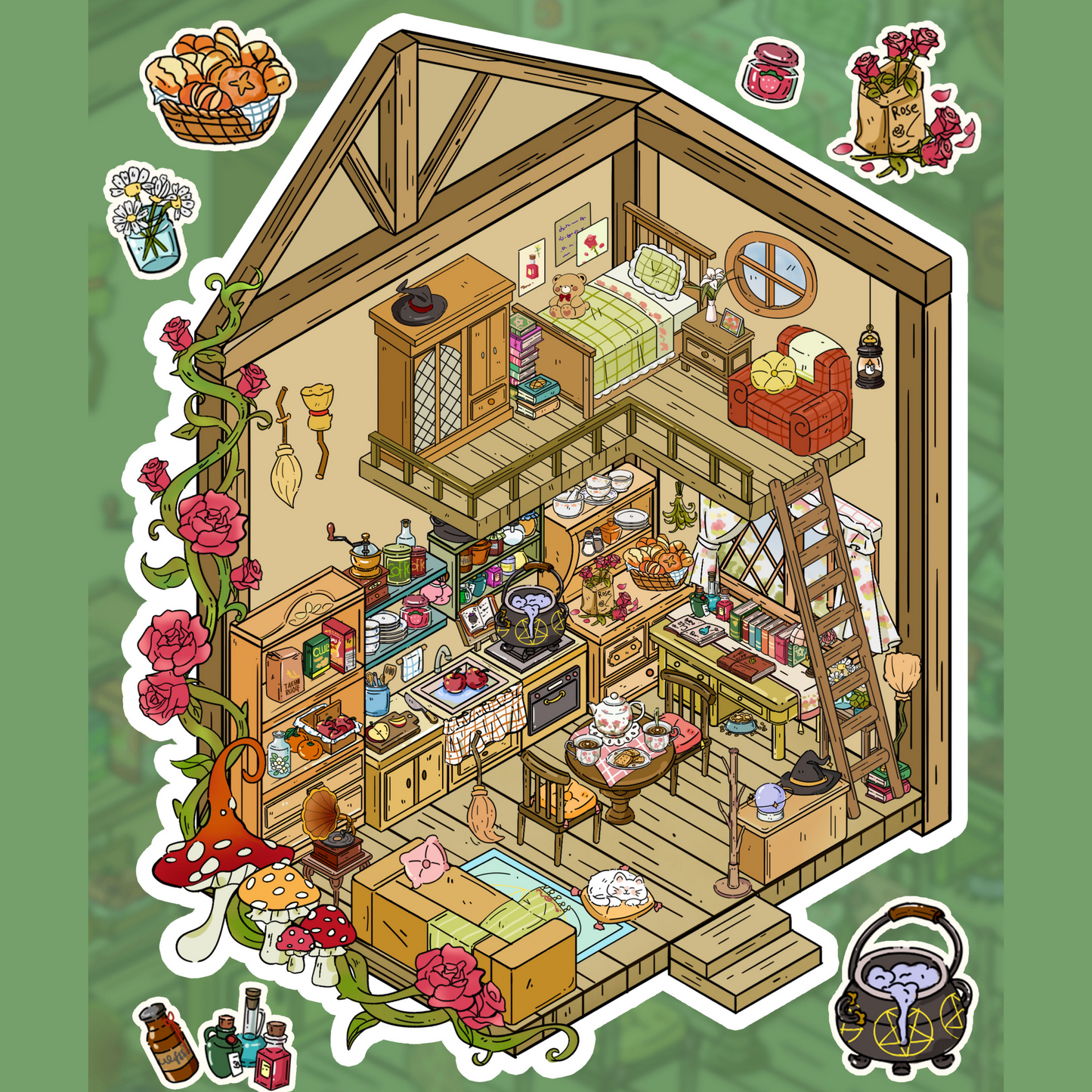 Avocado Green Cottage 3D Sticker | 3 Cute Miniature Scenes