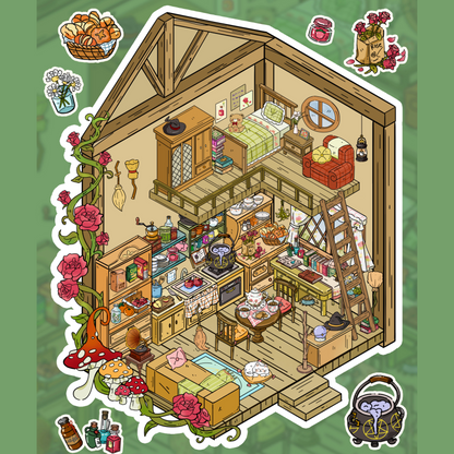 Avocado Green Cottage 3D Sticker | 3 Cute Miniature Scenes