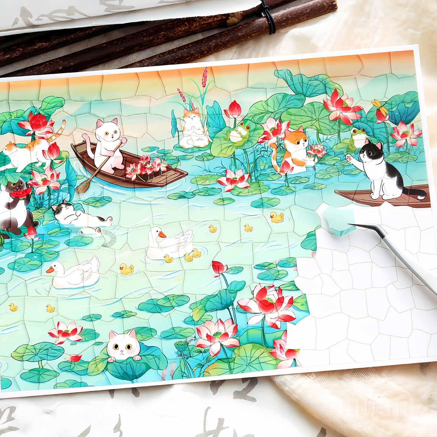 Cat and Lotus 3D Sticker | 2 Cute Miniature Scenes