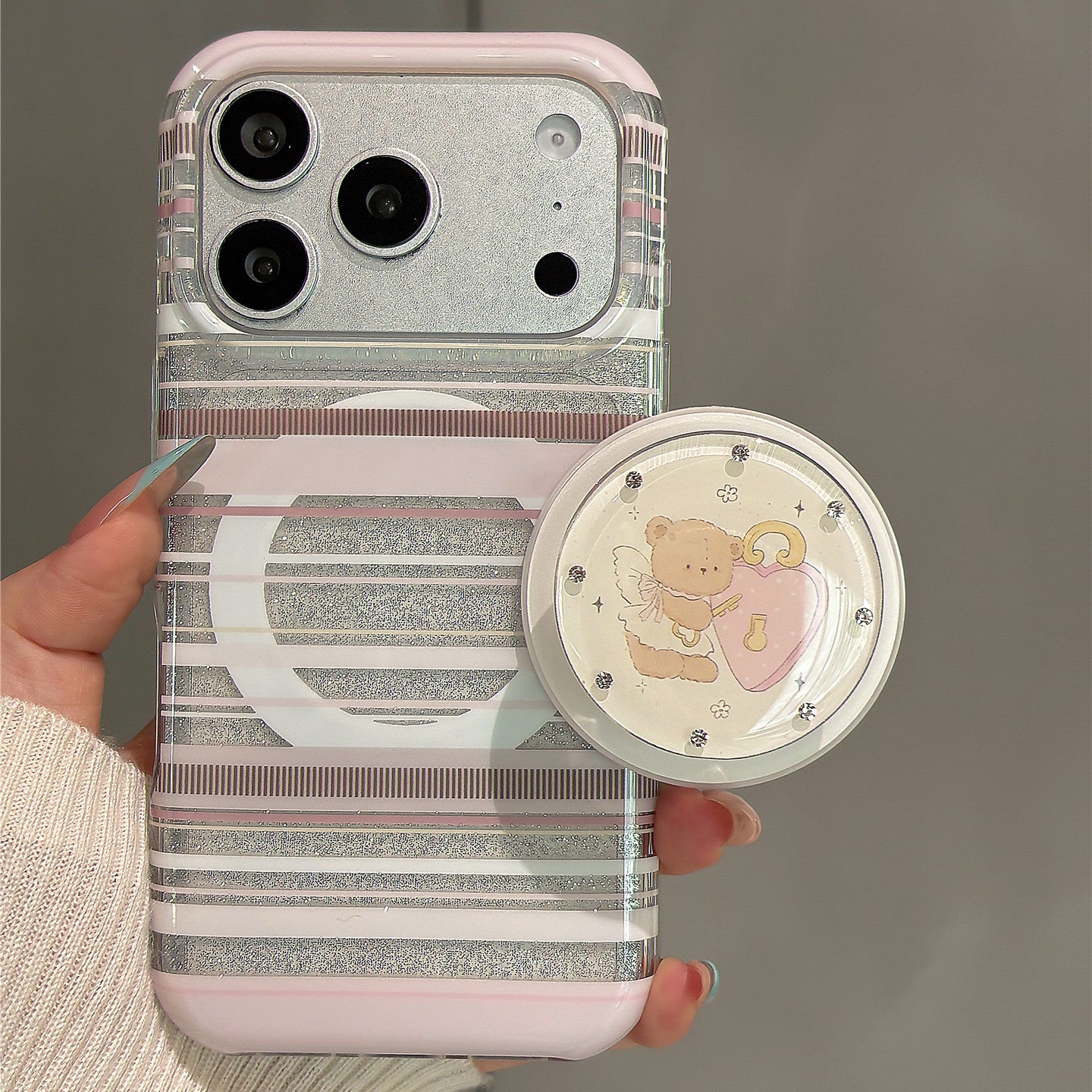 Pink Striped Glitter Angel Bear Magnetic Stand Acrylic Phone Case