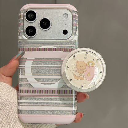 Pink Striped Glitter Angel Bear Magnetic Stand Acrylic Phone Case