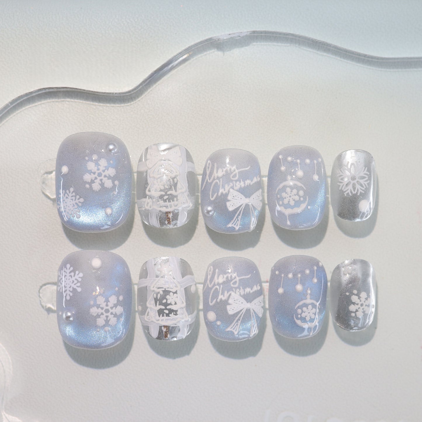 Blue Cat-eye Hand-painted Christmas Nail with Pearl - Medium Square