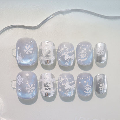 Blue Cat-eye Hand-painted Christmas Nail with Pearl - Medium Square