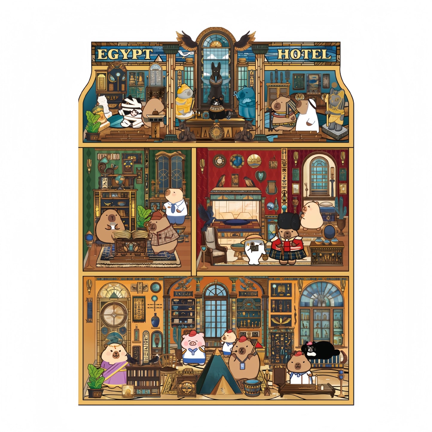 Capybara Hotel 3D Sticker | 4 Cute Miniature Scenes