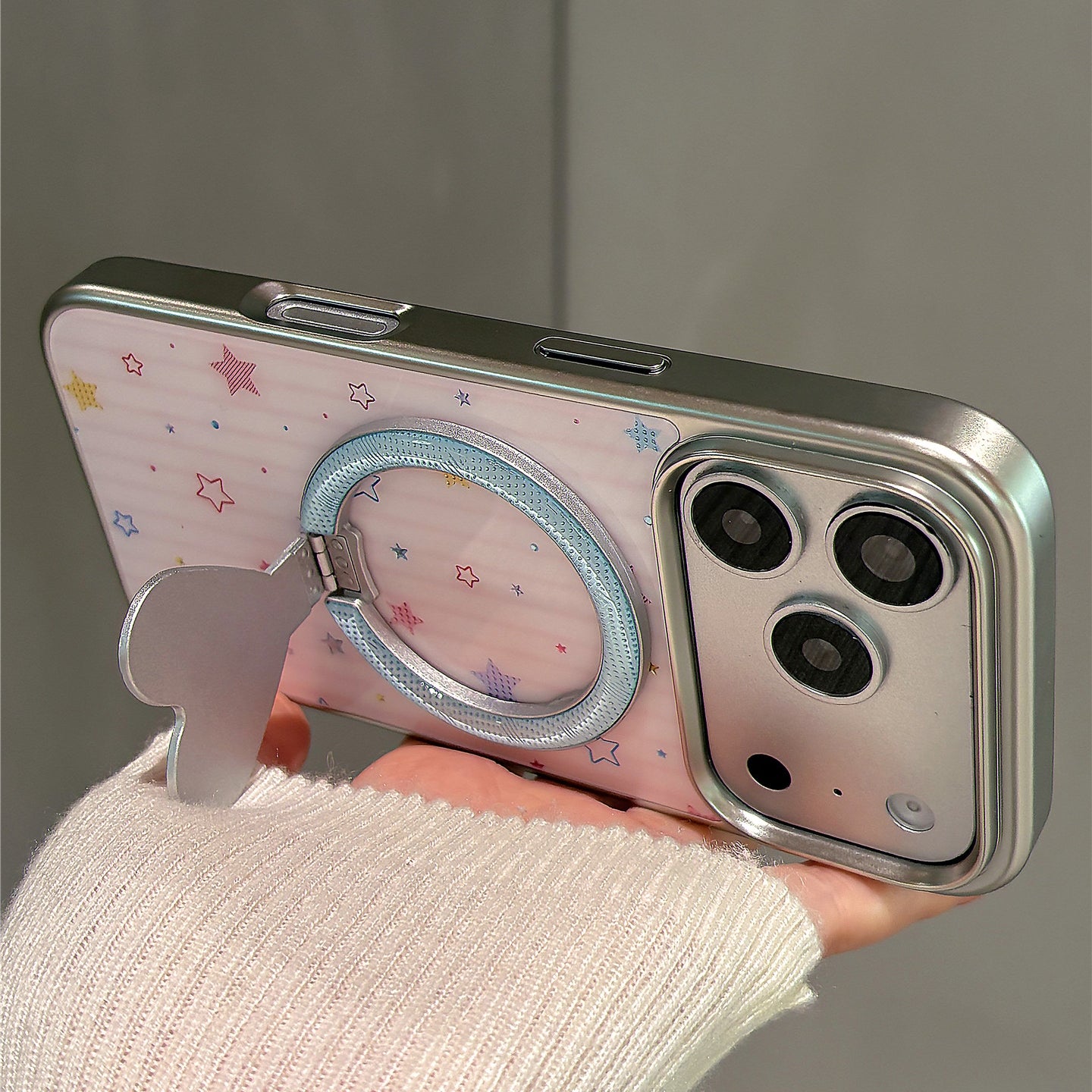Pink Striped Star Gilt Magnetic Stand Acrylic Phone Case