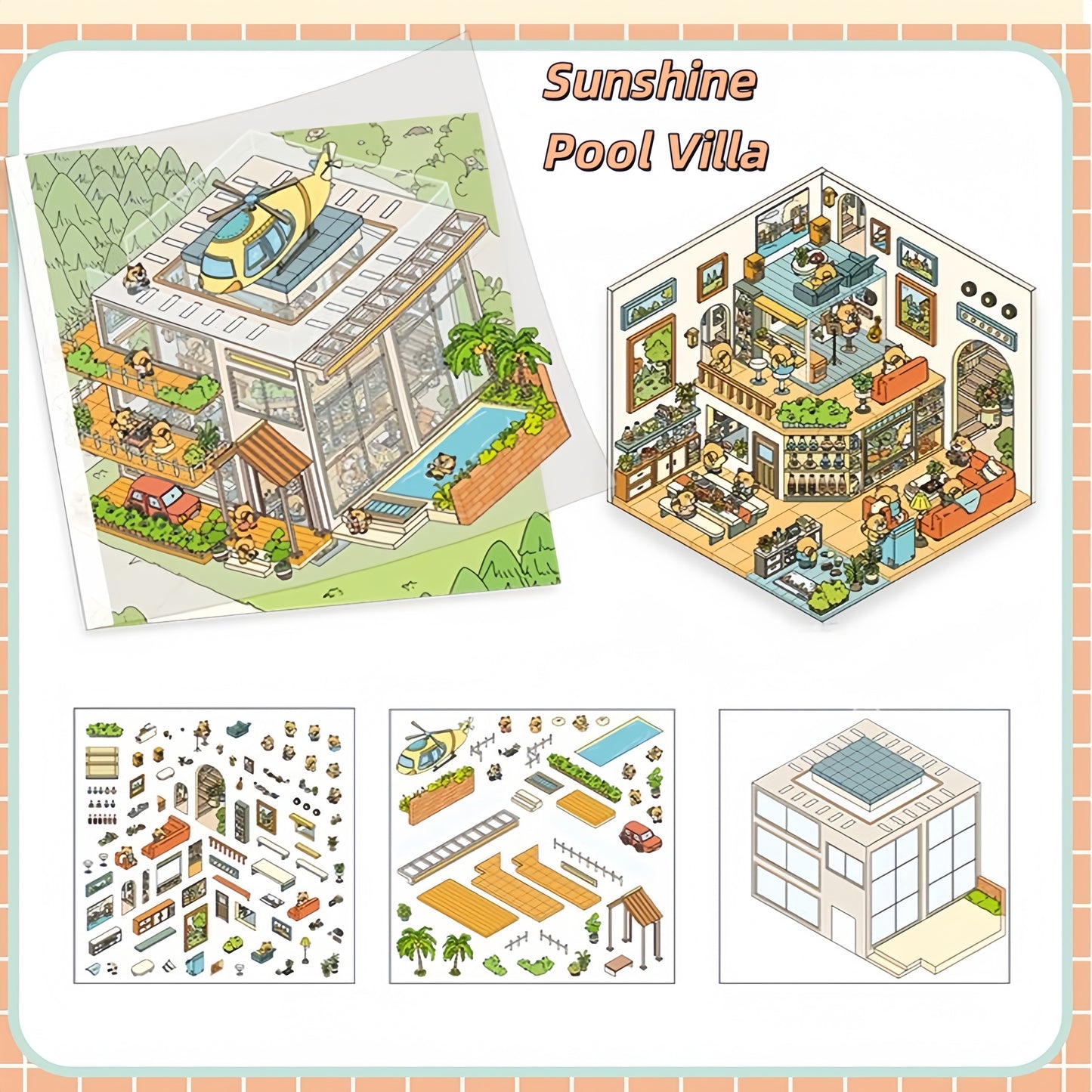 Square Box Town 3D Sticker | 4 Cute Miniature Scenes