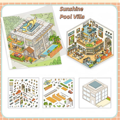 Square Box Town 3D Sticker | 4 Cute Miniature Scenes