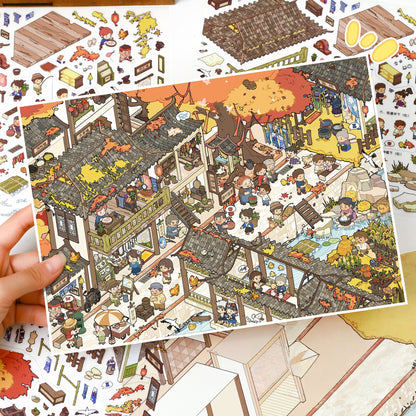 Chinese Town 3D Sticker | 2 Cute Miniature Scenes