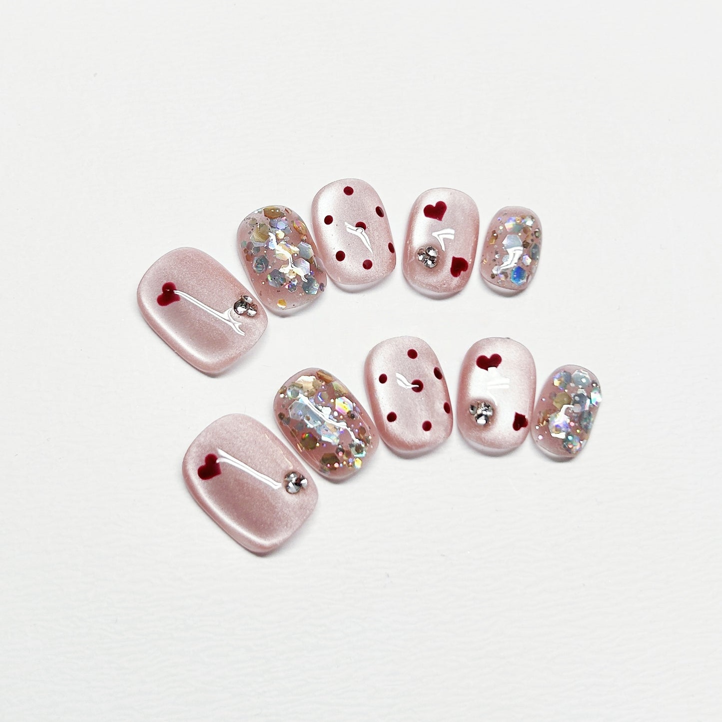 Pink Cat-Eye Polka Dot French Nails with Diamond - Medium Square