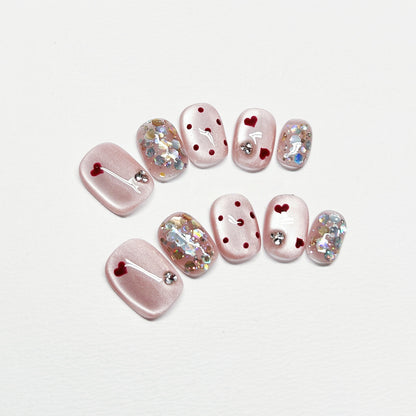 Pink Cat-Eye Polka Dot French Nails with Diamond - Medium Square