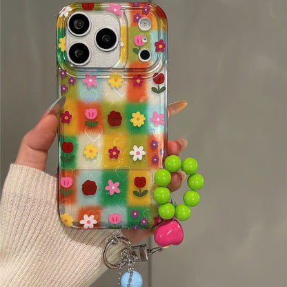 Colorful Grid Holographic Heart Flowers Acrylic Phone Case