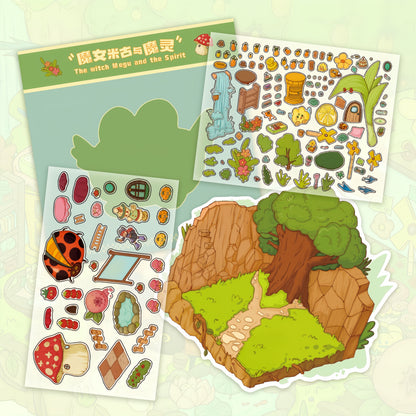 The Witch Megu and the Spirit 3D Sticker | 3 Cute Miniature Scenes