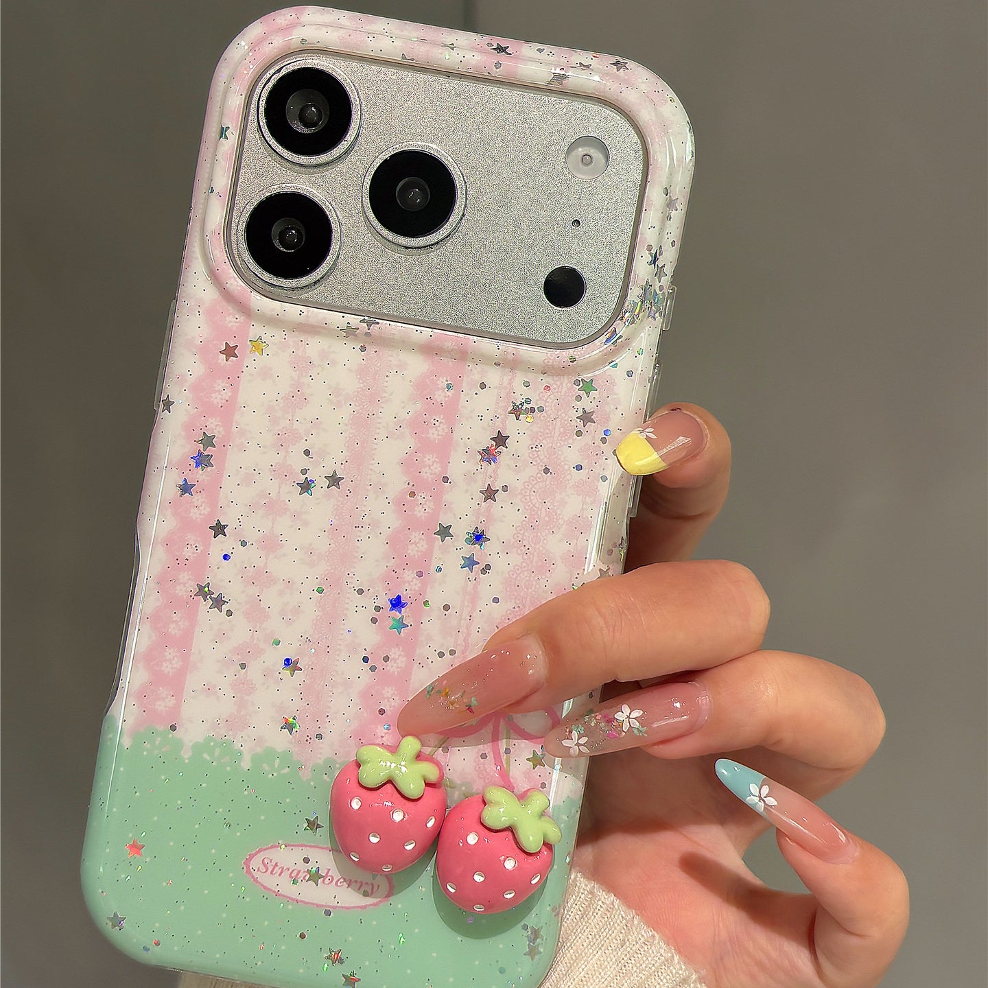 Pink Striped 3D Strawberry Acrylic Phone Case