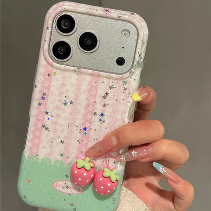 Pink Striped 3D Strawberry Acrylic Phone Case