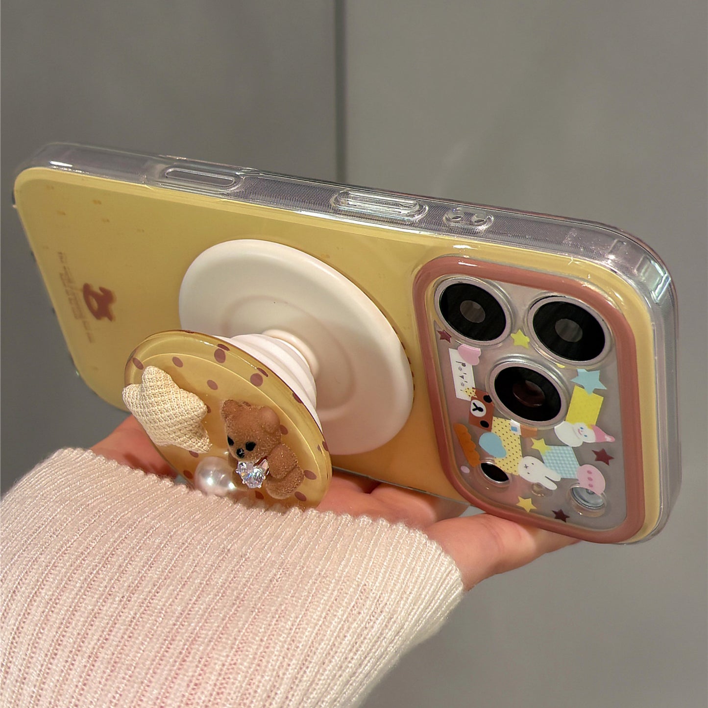 Pastel Yellow Cute Bear and Star Magnetic Stand Acrylic Phone Case