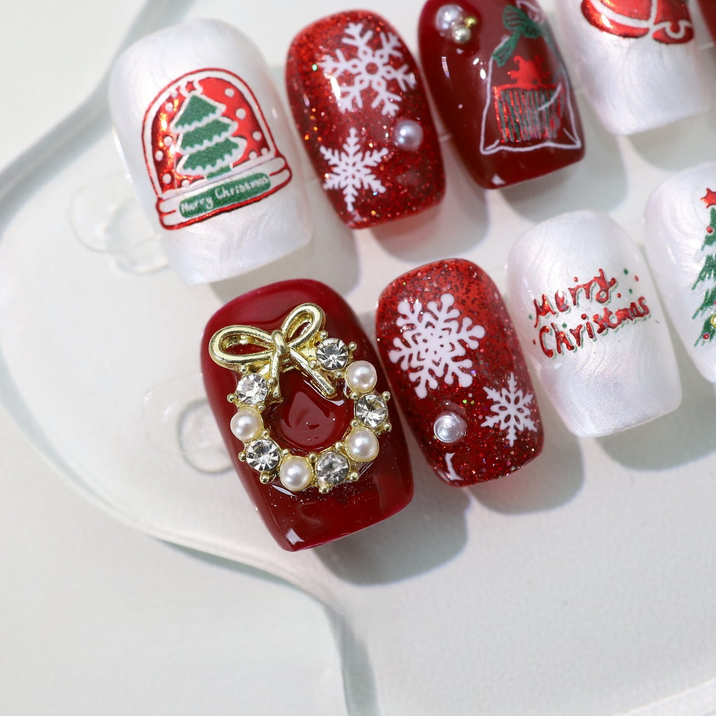 Red French Shinny Hand Painted Christmas Nail with Diamond/Pearl - Short Coffin