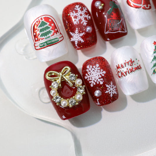 Red French Shinny Hand Painted Christmas Nail with Diamond/Pearl - Short Coffin