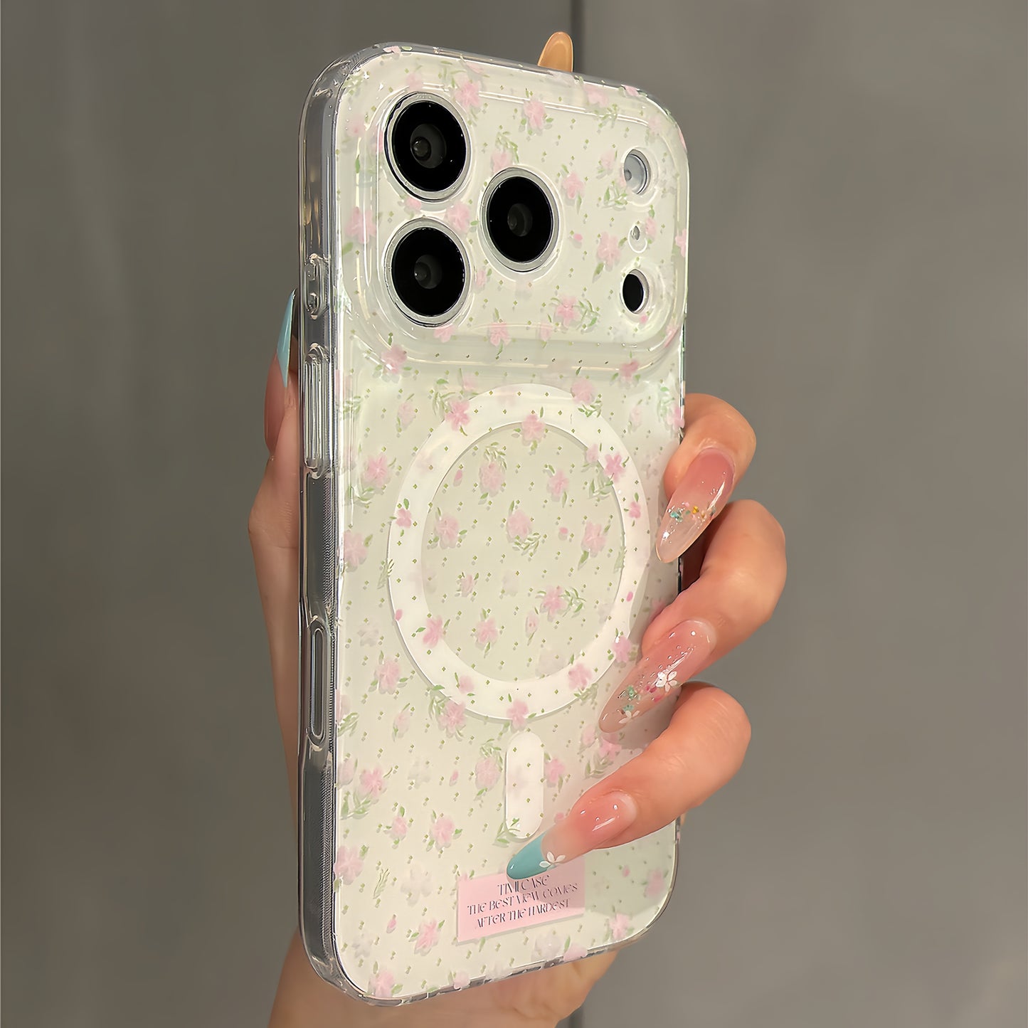 Green Leaves Pink Flowers Magnetic Stand Acrylic Phone Case