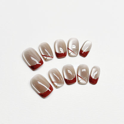 Red Vintage French Cat-eye Nail - Medium Square