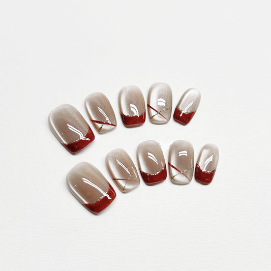 Red Vintage French Cat-eye Nail - Medium Square