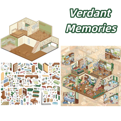 Green Apartment 3D Sticker | 2 Cute Miniature Scenes