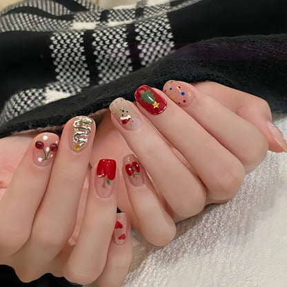 Glided Gold Hand-painted Cartoon Dot Christmas Nail - Medium Square