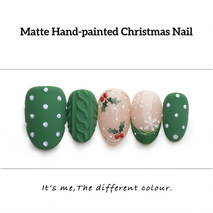 Green Matte Hand-painted Christmas Nail - Short Almond