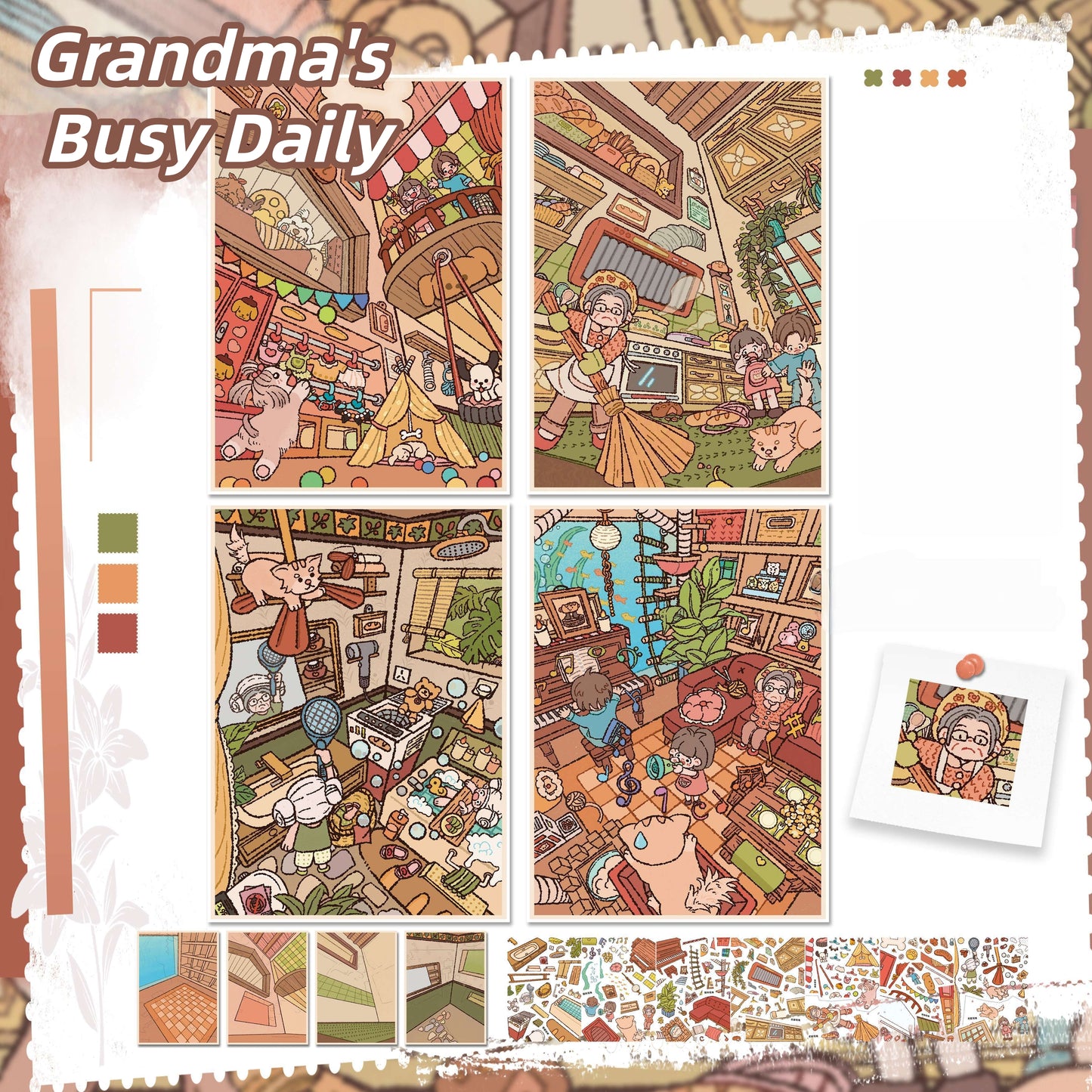 Grandma's Busy Daily 3D Sticker | 4 Cute Miniature Scenes