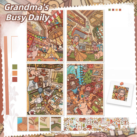 Grandma's Busy Daily 3D Sticker | 4 Cute Miniature Scenes