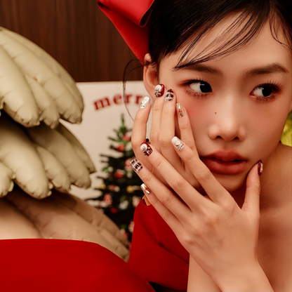 Red Cartoon Christmas Checked Nail with Pearl - Medium Square