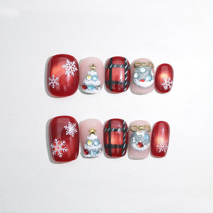 Red Cat-eye Checked Christmas Nail with Gem - Medium Square