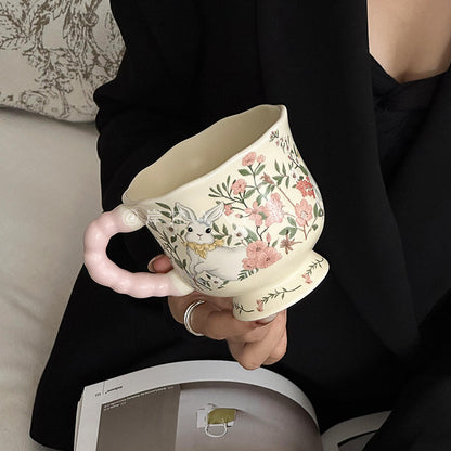 Rabbit Among Flowers Ceramic Mug with Lid and Spoon