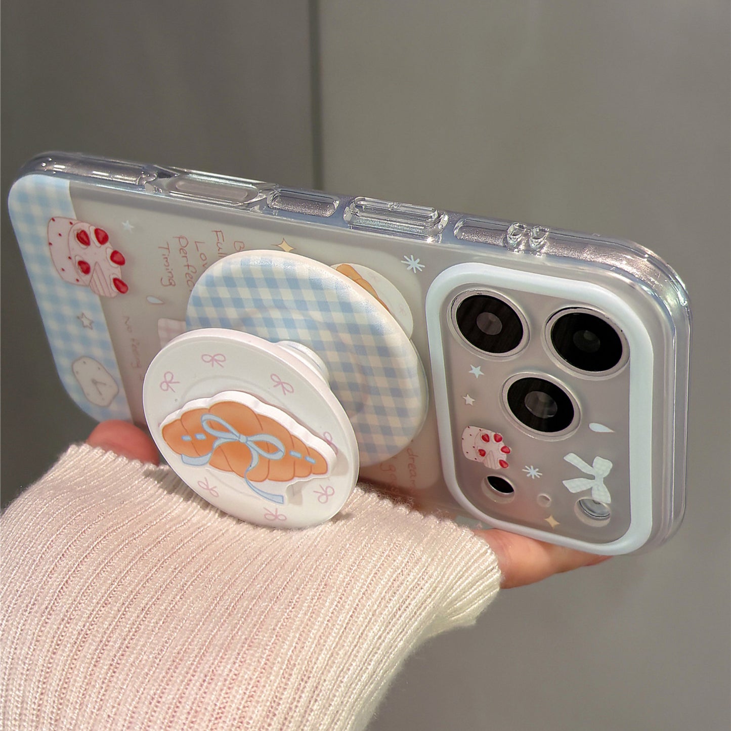 Blue Plaid Bow Strawberry Cake Magnetic Stand Acrylic Phone Case