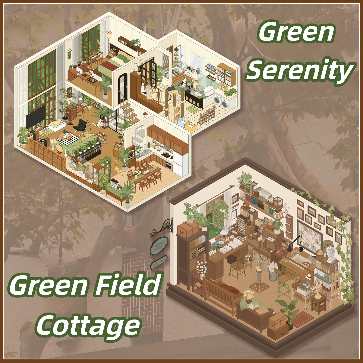 Green Habitat 3D Sticker | 2 Cute Miniature Scenes