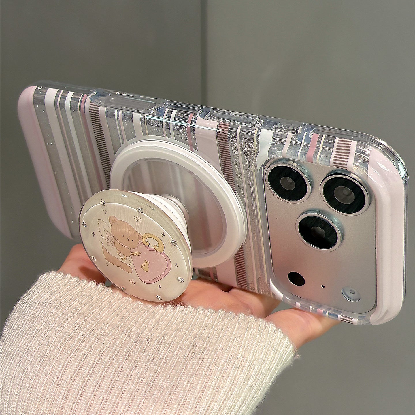 Pink Striped Glitter Angel Bear Magnetic Stand Acrylic Phone Case