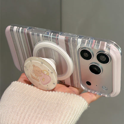 Pink Striped Glitter Angel Bear Magnetic Stand Acrylic Phone Case