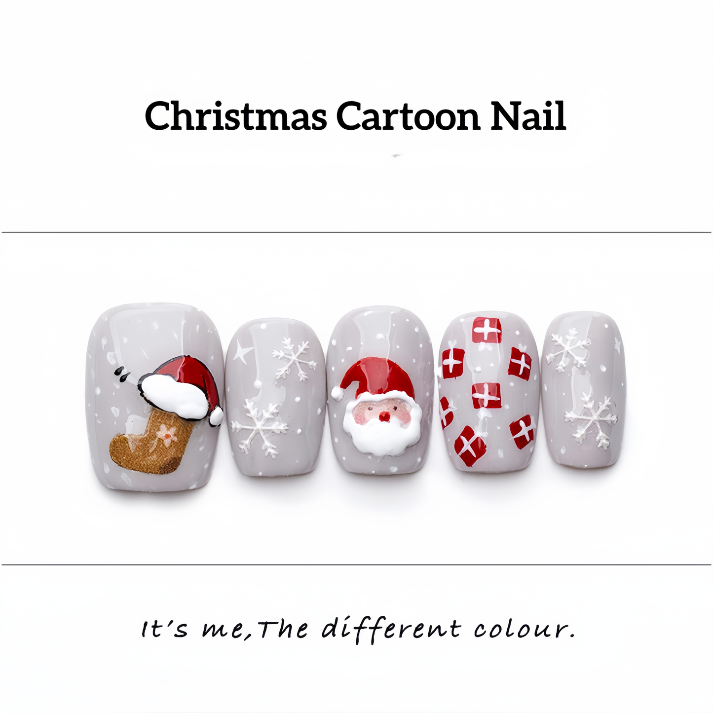 Gray Cartoon Christmas Nail - Medium Square
