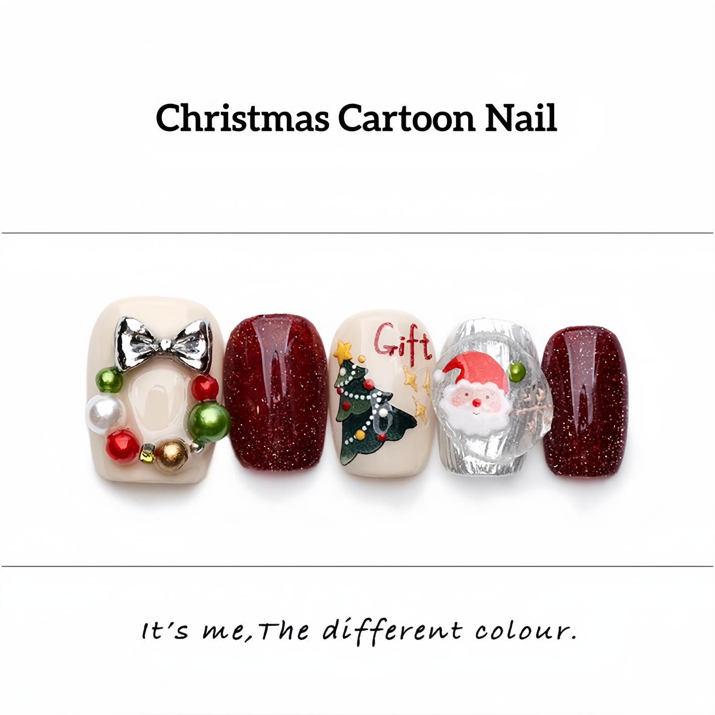 Hand-painted Cartoon Christmas Nail with Pearl  - Medium Square