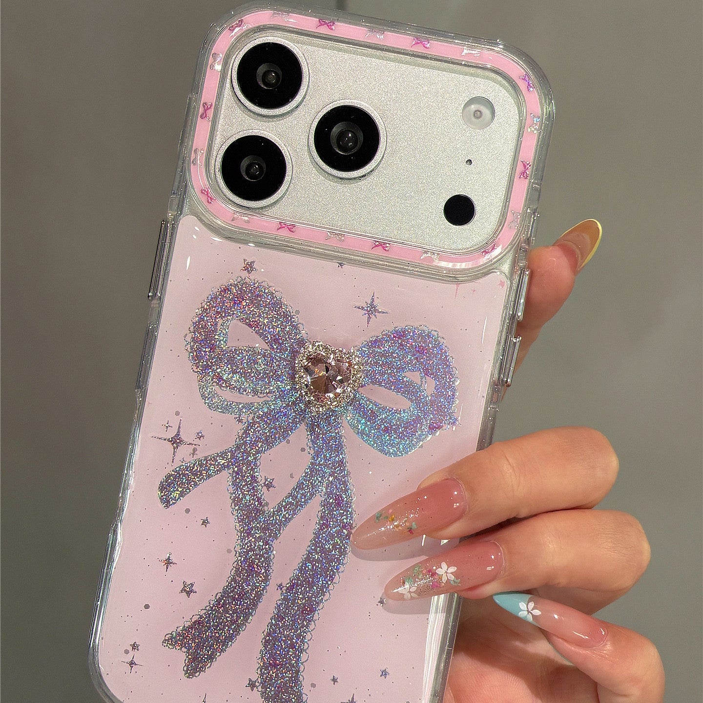 Pink Goldstone Sparkle Diamond Bow Acrylic Phone Case