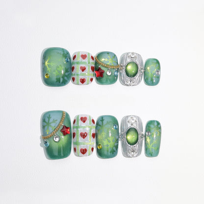 Green Gradient Cay-eye  Chekced Christmas Nail with Diamond/Gem - Medium Square