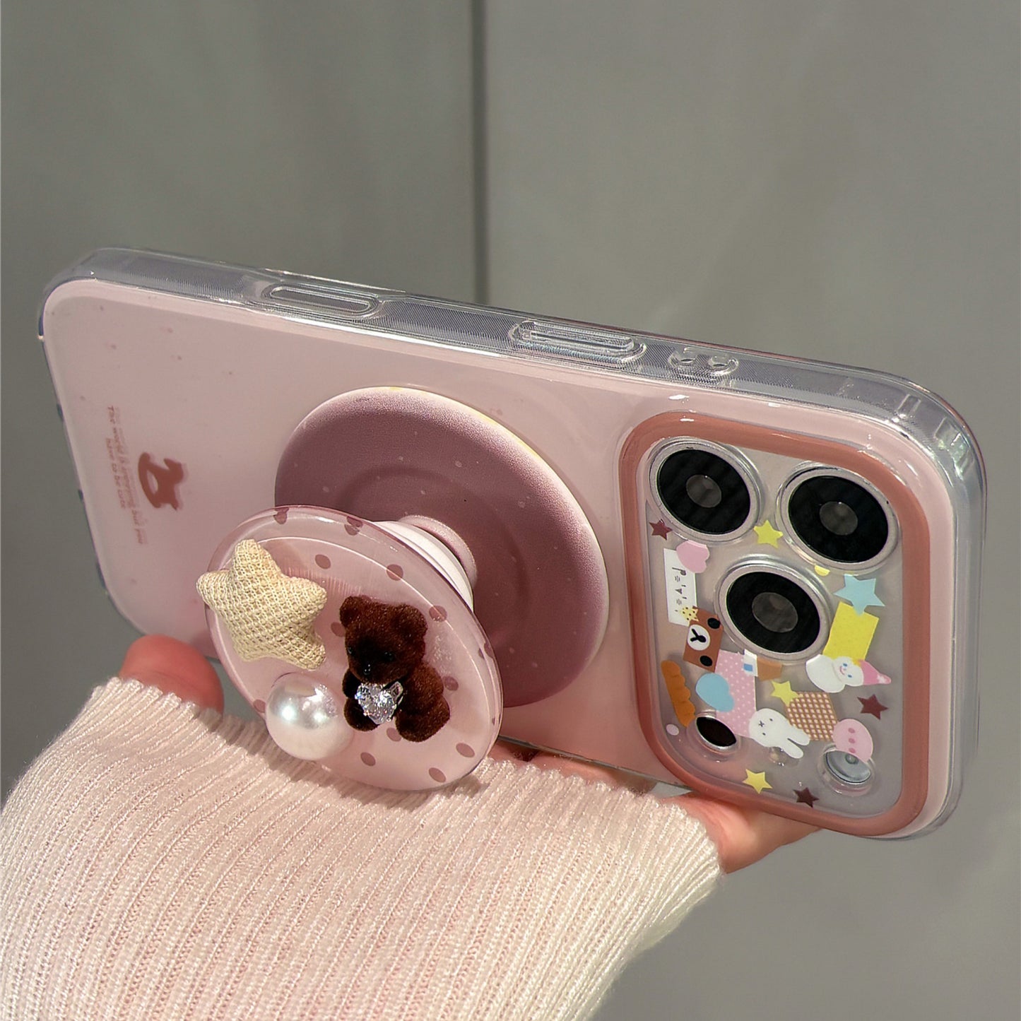 Pastel Pink Cute Bear and Star Magnetic Stand Acrylic Phone Case