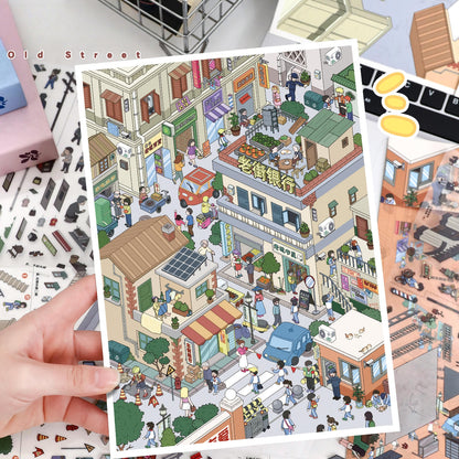 Old Street View 3D Sticker | 2 Cute Miniature Scenes